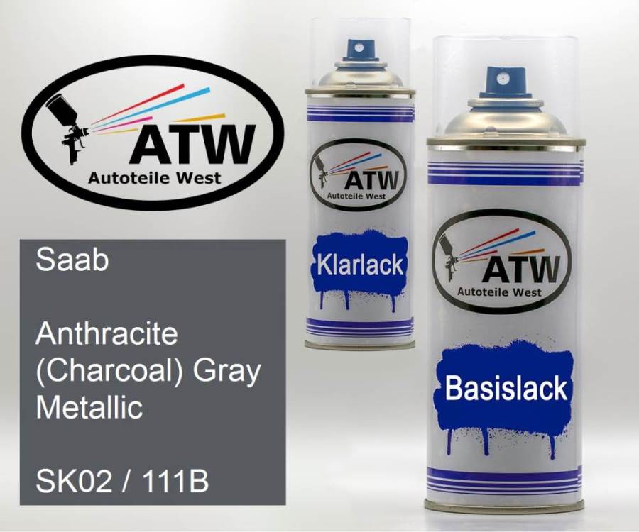 Saab, Anthracite (Charcoal) Gray Metallic, SK02 / 111B: 400ml Sprühdose + 400ml Klarlack - Set, von ATW Autoteile West.